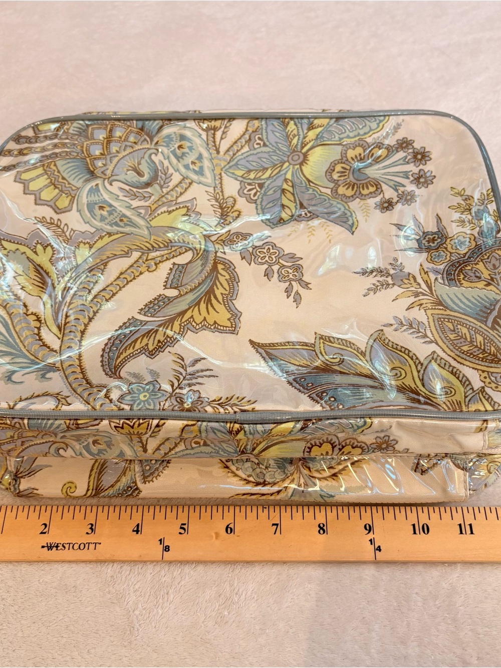 Pottery Barn Floral Tile Pattern Plastic Coated Cosmetic Case Cream Light Blue - Picture 10 of 12